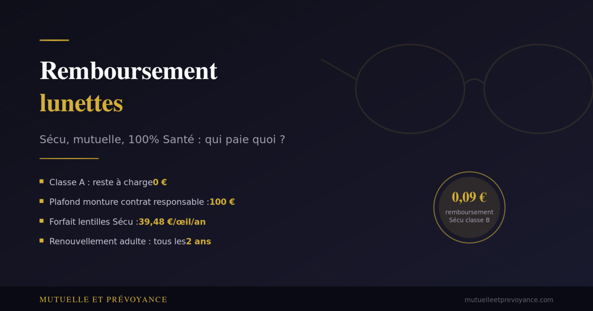 Remboursement lunettes Securite sociale et mutuelle sante, cle 0,09 euros et 100 euros plafond monture